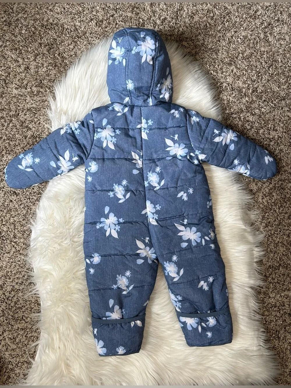 ❄️OSHKOSH Baby Blue Floral Puffer One-Piece Snowsuit - Infant 6/9 Months